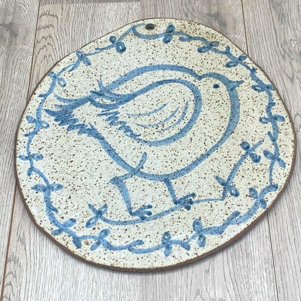 Signed Studio Art Pottery Bread Tile Recipe Speckled Blue Bird Warmer Gerding